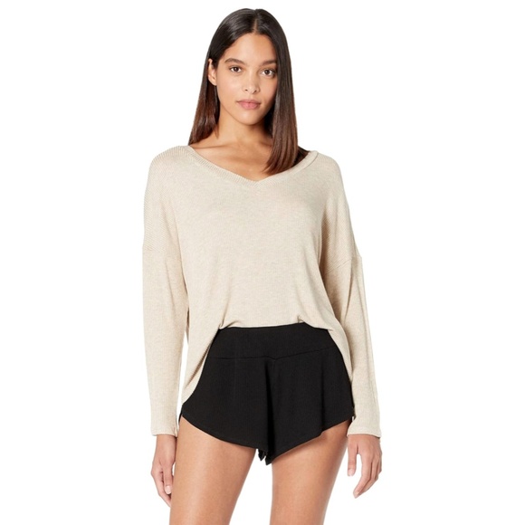 Eberjey Elon Rib Knit V Neck Pullover Oatmeal Size Medium NEW - Picture 1 of 3